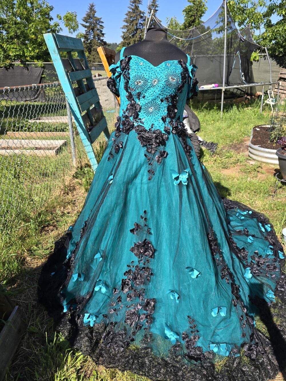 Beaded Applique Wedding Dress Ball Gown Aqua Blue Black Whimsigoth Dark Romantic